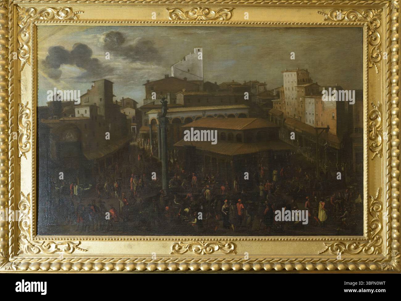 Tableau du XVIIe siècle d'une place de marché florentine animée avec loggia et colonne, attribué à un artiste florentin, Museo di San Marco, Florence, Banque D'Images