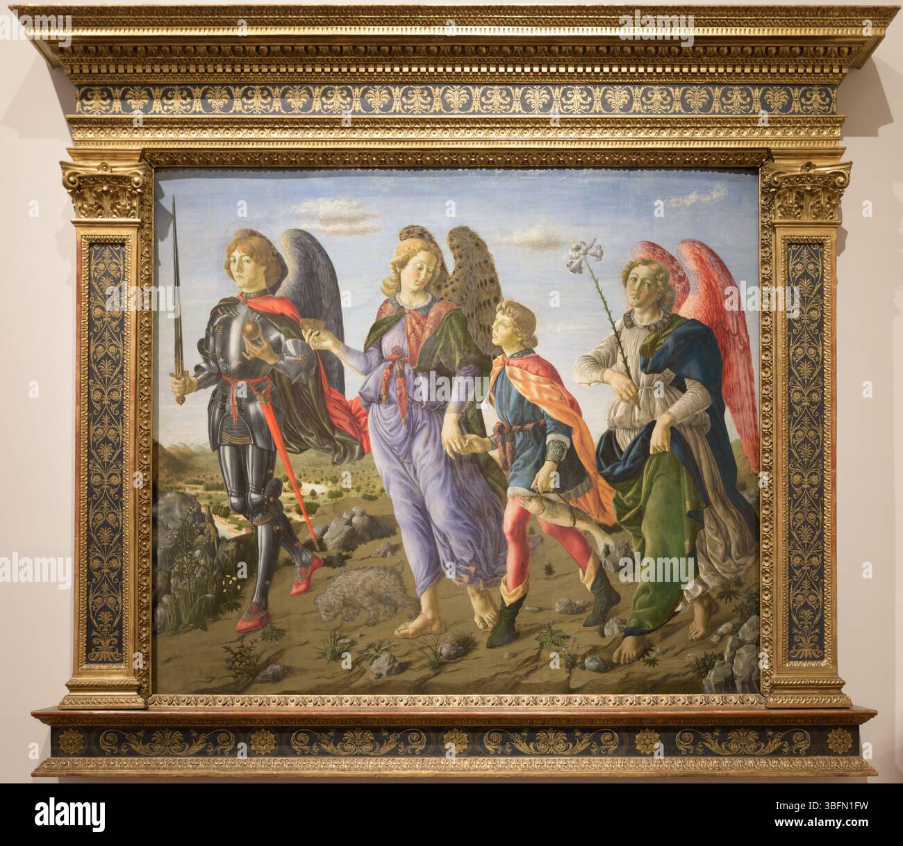 Trois Archanges avec Tobias, tempera sur panneau de Francesco Botticini, vers 1471, Galerie des Offices, Florence, Italie. Banque D'Images