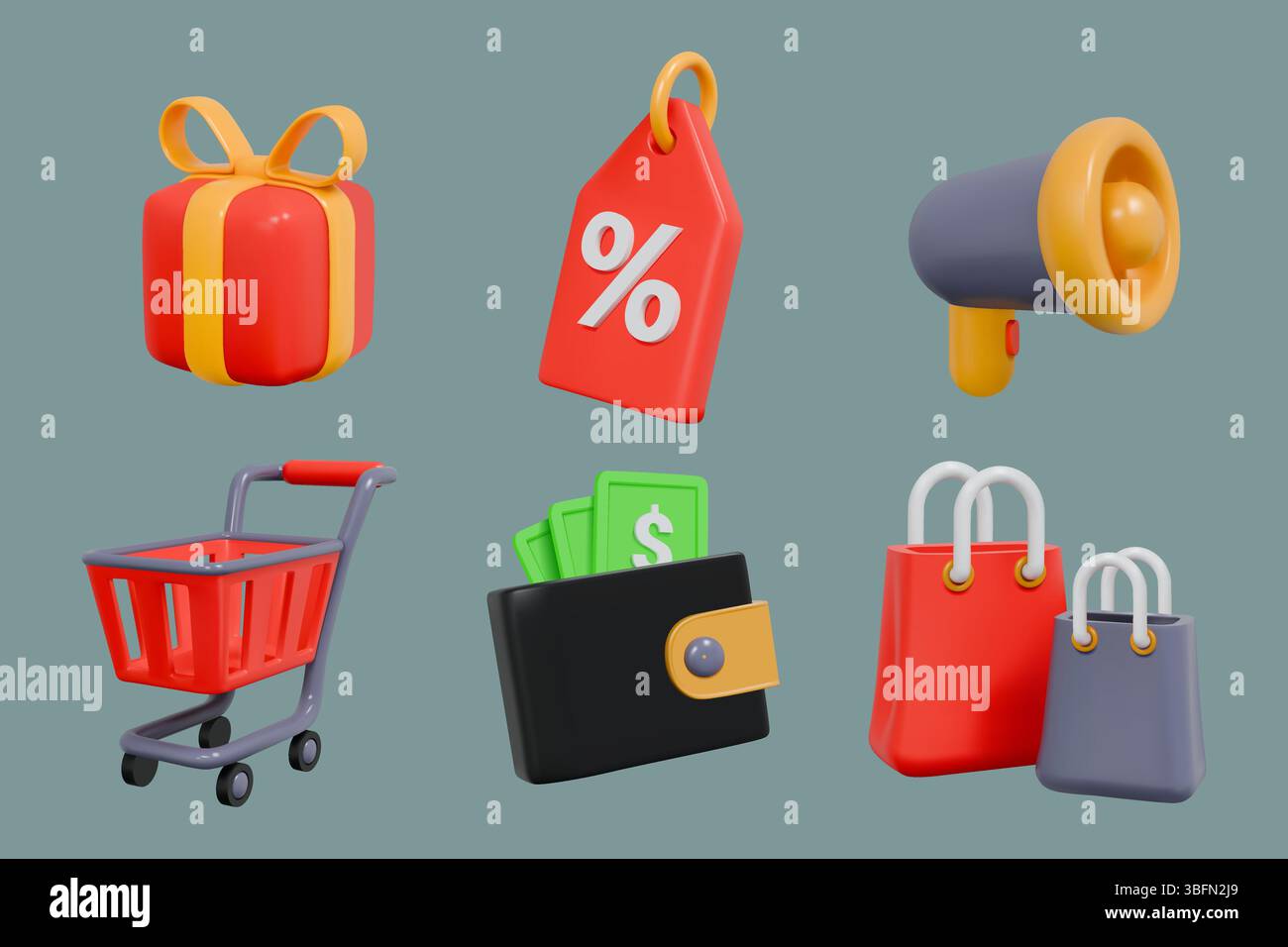 eléments de magasin 3d. Achats en ligne. Commerce de détail d'épicerie alimentaire. Panier et chariot de supermarché. Sac cadeau. Acheter le produit. Offre du magasin. Mégaphone de vente d'entreprise. Étiquette de réduction. Argent de portefeuille. Jeu d'icônes de rendu vectoriel Illustration de Vecteur