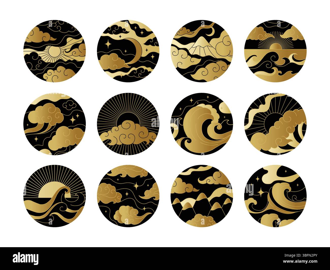 Motif japonais. Symbole du soleil chinois, design asiatique d'or oriental dans le style de tatouage vintage. Ciel tibétain, eau et montagnes. Icônes rondes, symboles de paysage dans le cadre, ensemble d'éléments autocollants dorés vectoriels Illustration de Vecteur