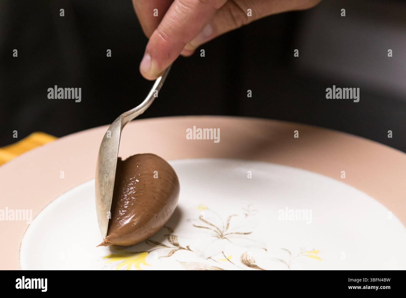 Un chef utilise une cuillère pour couper un dessert au chocolat sur une assiette, mettant en valeur l'habileté culinaire et la présentation du dessert. Banque D'Images
