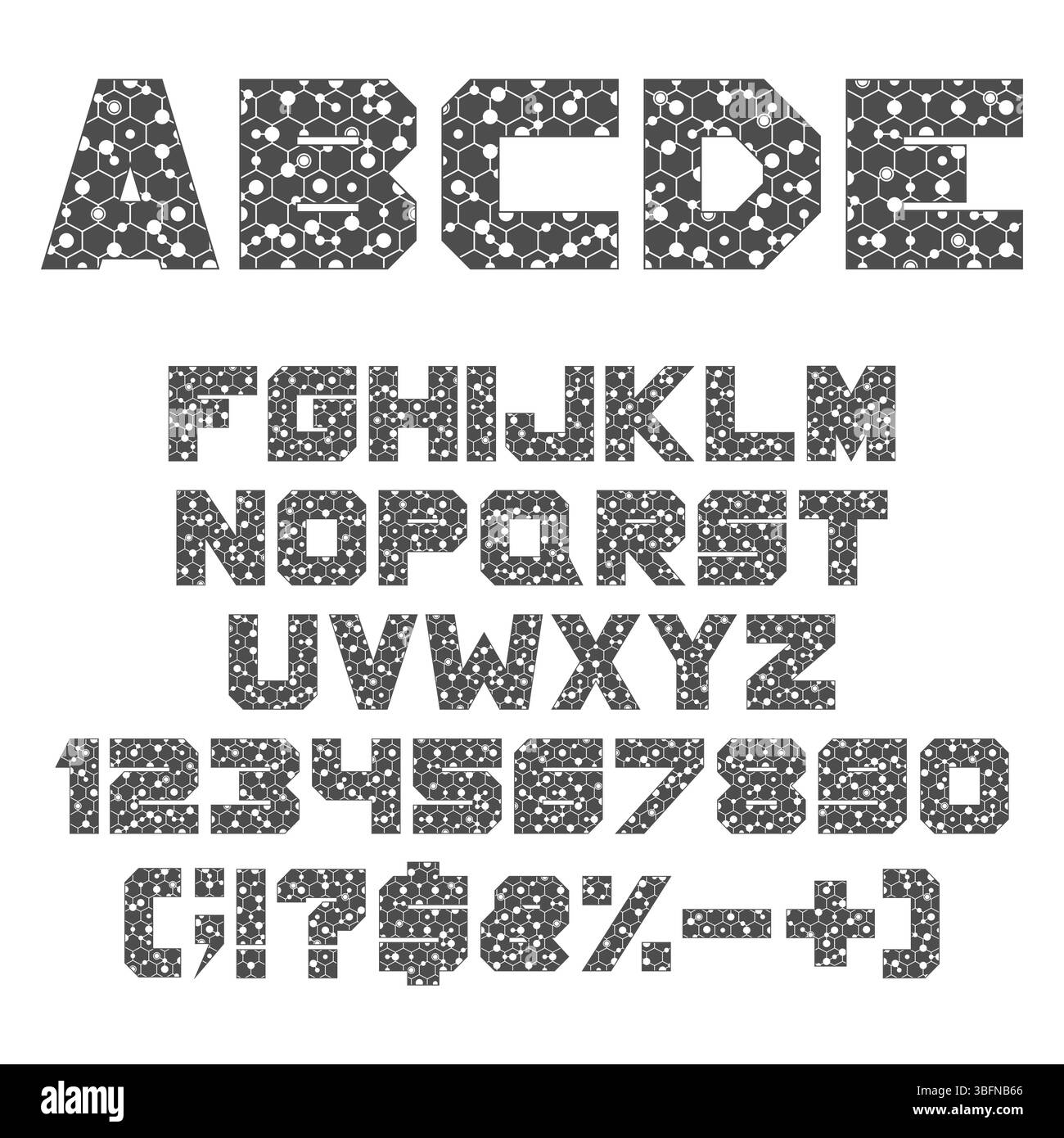 Police, alphabet avec des formes géométriques, hexagone, cercle. Objets vectoriels isolés sur fond blanc. Illustration de Vecteur