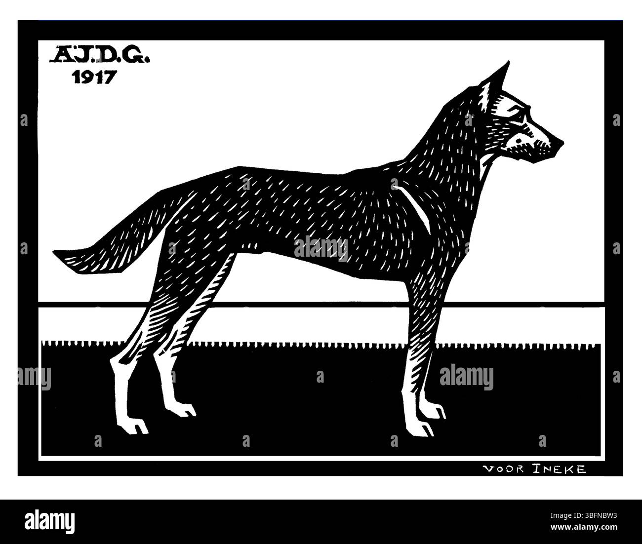 Gravure stylisée d'un chien par Julie de Graag (1917). Graphique néerlandais du domaine public Impression noir et blanc haute résolution. Idéal pour décor, éditorial, colle Banque D'Images