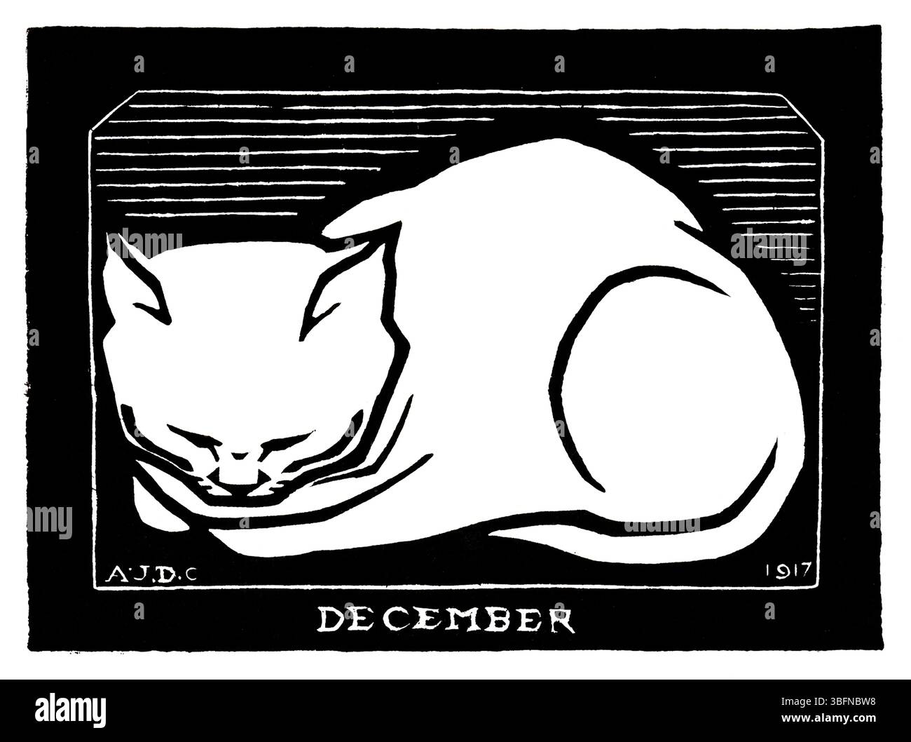 'December Cat' (1917) de Julie de Graag. Gravure sur bois hollandaise du domaine public de chat stylisé. Impression graphique en noir et blanc, idéale pour la décoration, l'édition et le Banque D'Images