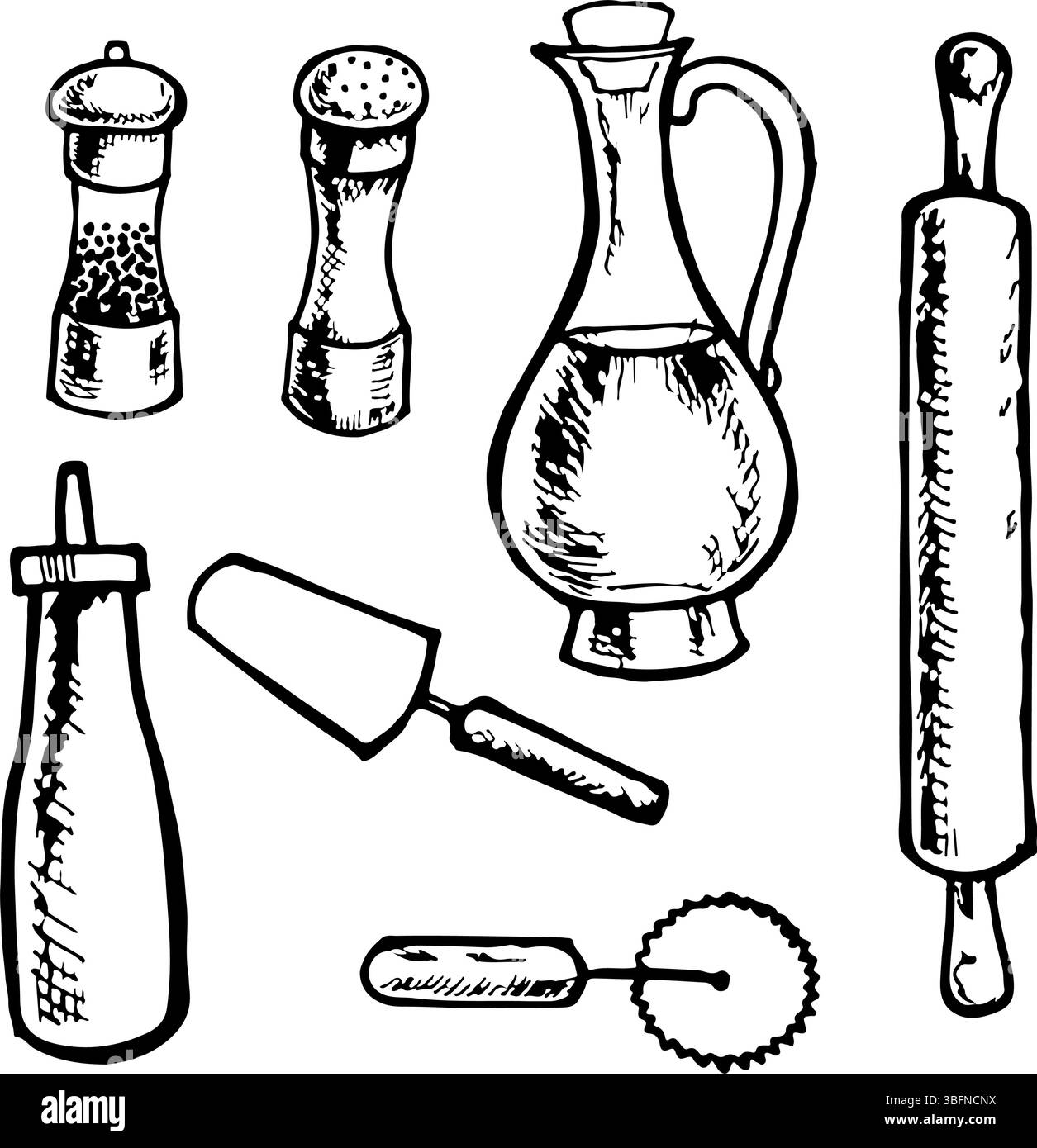 Un ensemble d'outils et d'ingrédients pour faire de la pizza. Sel, poivre, huile, rouleau à pâtisserie, couteau, spatule, ketchup. Graphiques vectoriels, noir et blanc Illustration de Vecteur