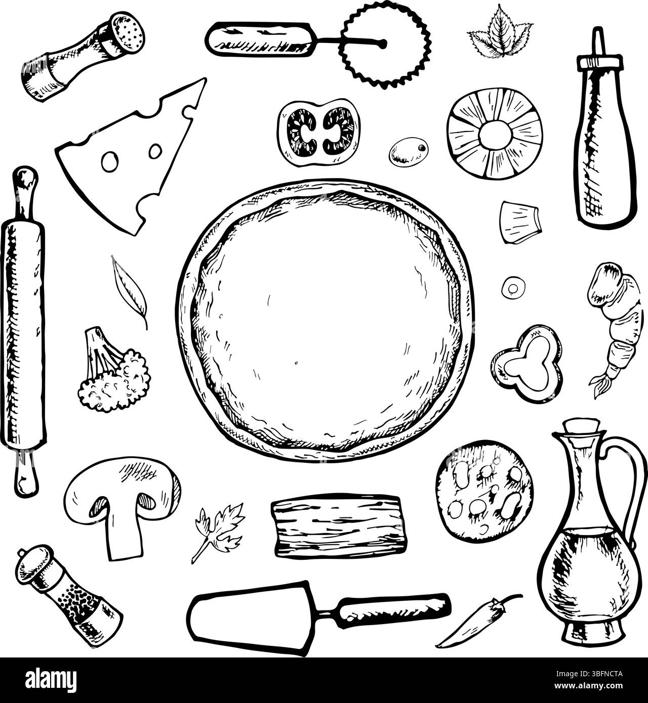 Constructeur de pizza. Graphiques vectoriels, illustration dessinée à la main en noir et blanc. Isolez sur un fond blanc. Un ensemble d'ingrédients et d'outils pour la fabrication Illustration de Vecteur
