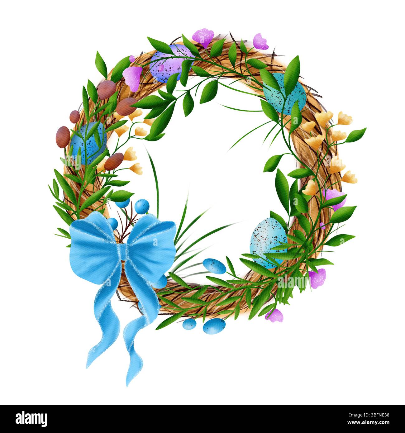 Une couronne ronde de pâques, un cadre avec des branches vertes, des fleurs et des œufs et un arc bleu Banque D'Images