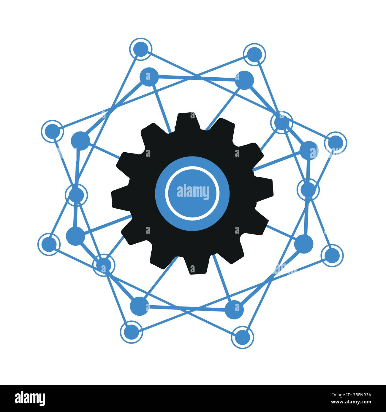 Icône d'engrenage et de nœuds de réseau – conception de symbole de mécanisme d'ingénierie Blue Tech Illustration de Vecteur