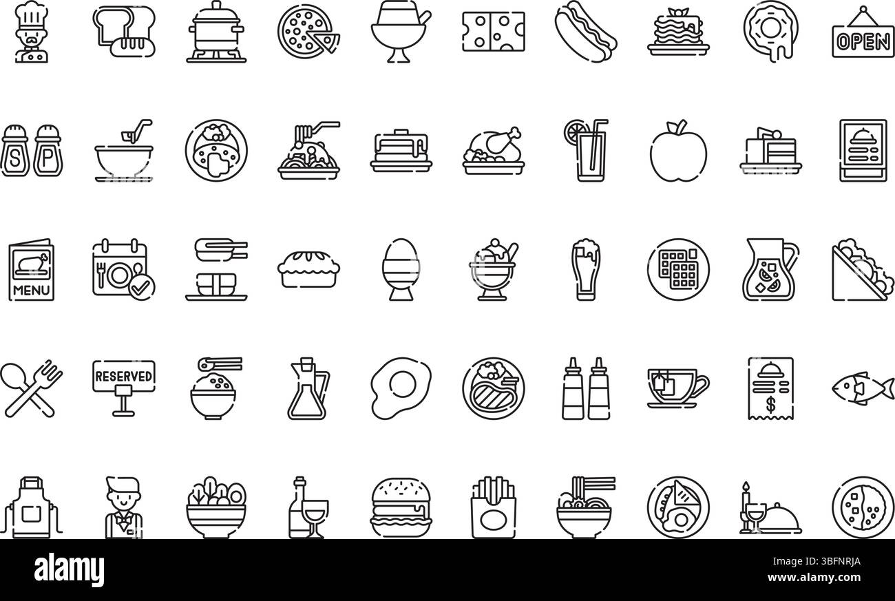 Icônes de ligne de nourriture et de restaurant icônes icône vectorielle simple. Modèle de conception de symbole d'illustration pour élément d'interface utilisateur mobile Web. Illustration de Vecteur
