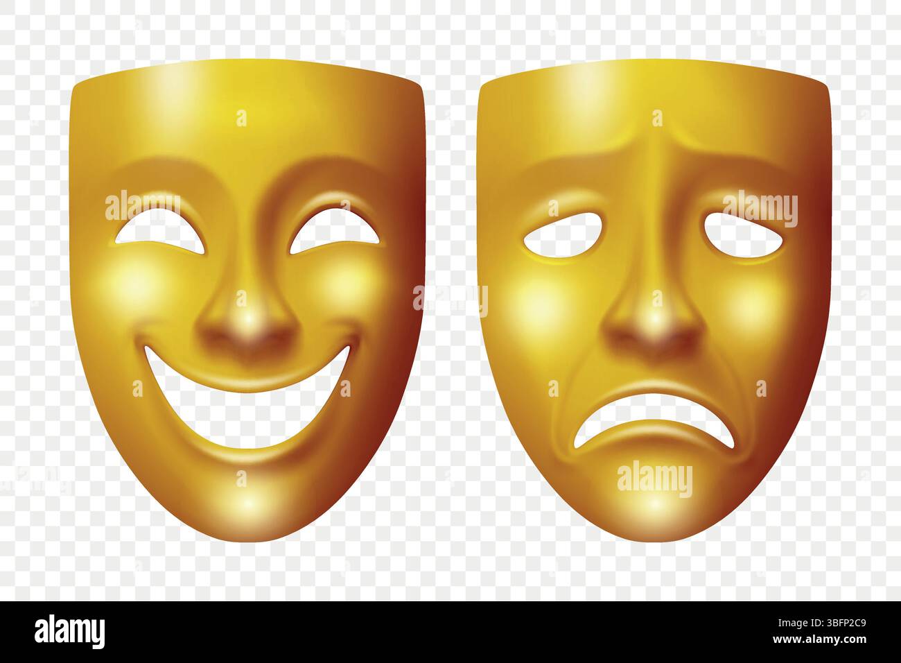Ensemble de masques de théâtre Vector 3D. Visages réalistes tristes et heureux. Paire de masques de théâtre de comédie classique et tragédie en or. Symbole dramatique pour acteur, performance Illustration de Vecteur