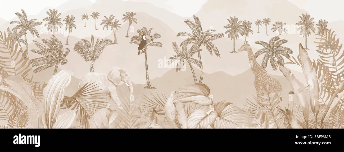 Papier peint tropical chaud Jungle - murale murale de palmier sépia et feuilles exotiques Banque D'Images