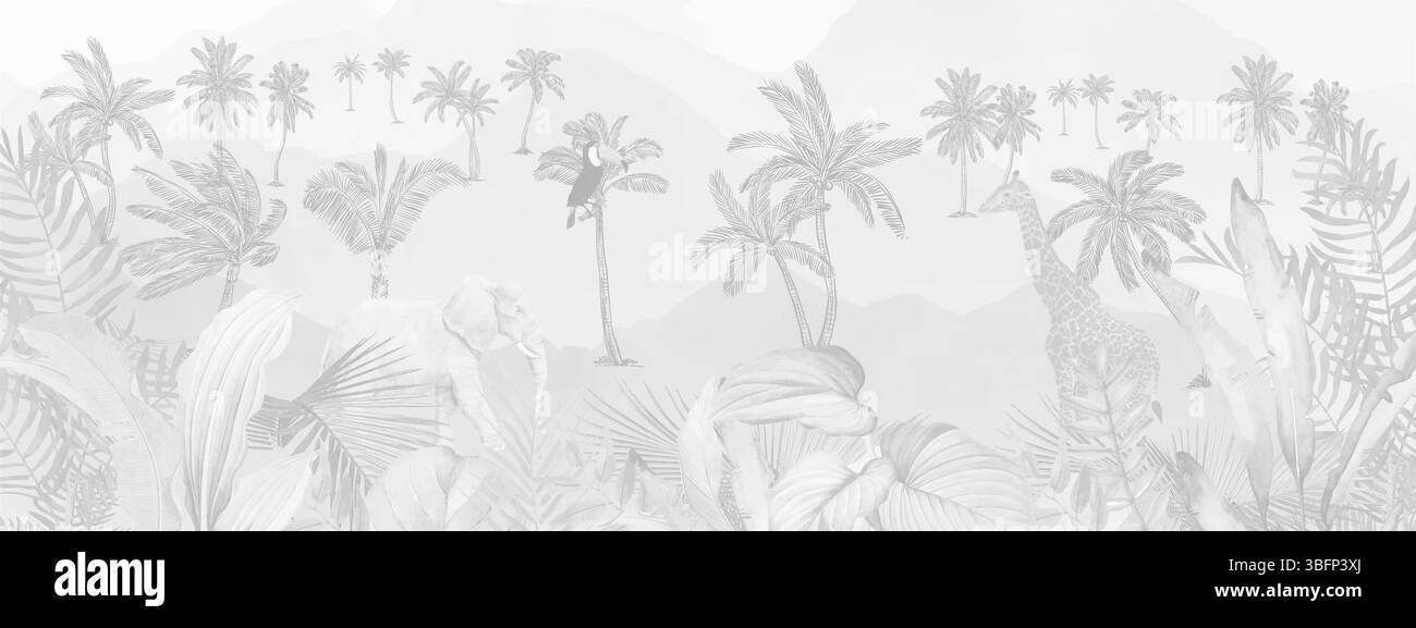 Papier peint tropical Jungle Pattern - feuilles de palmier à niveaux de gris et mur botanique Banque D'Images