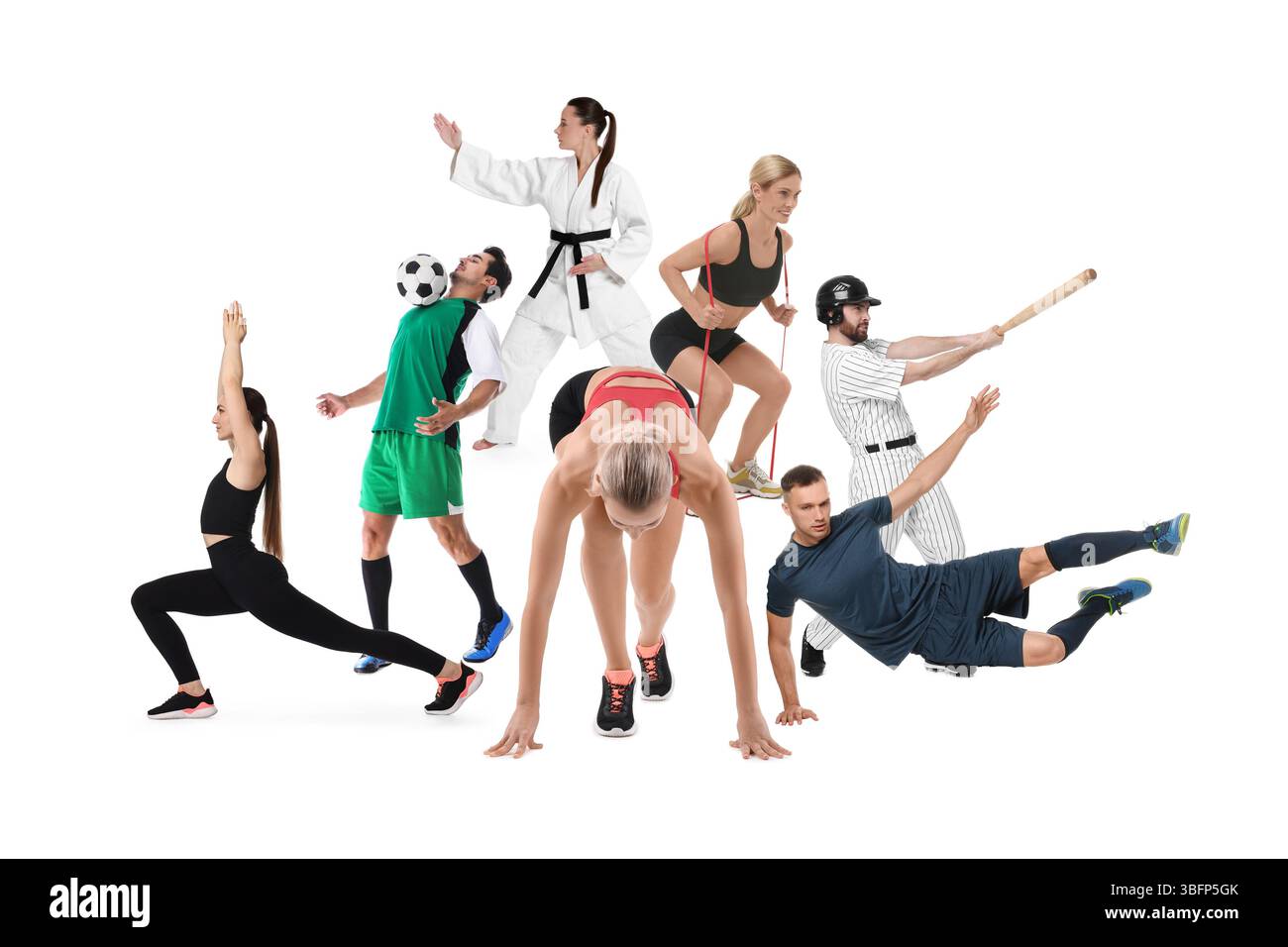 Les gens engagés dans différentes activités sportives sur fond blanc, collage Banque D'Images