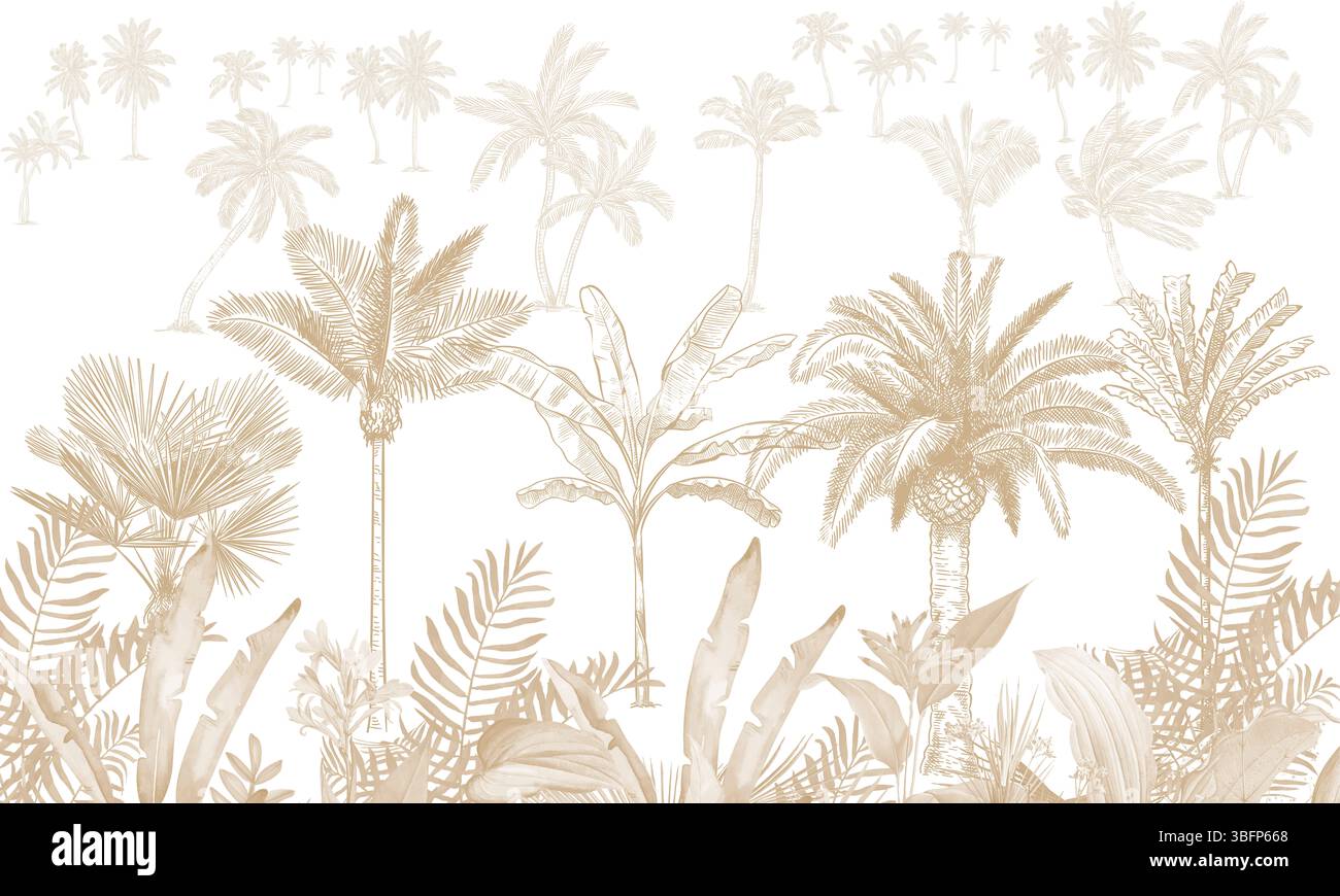 Fond d'écran Rich Brown Tropical Jungle - murale murale détaillée de palmier et botanique Banque D'Images