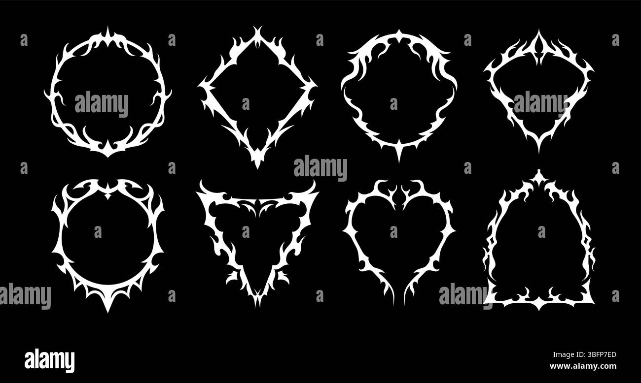 Cadres néo gothiques et bordures tribales ou ornements fantastiques pour tatouage, formes de flamme vectorielle. Cadres néogothiques au design Y2K avec flammes de feu brûlées ou pointes pointues et épines de branche aux bords ornés Illustration de Vecteur