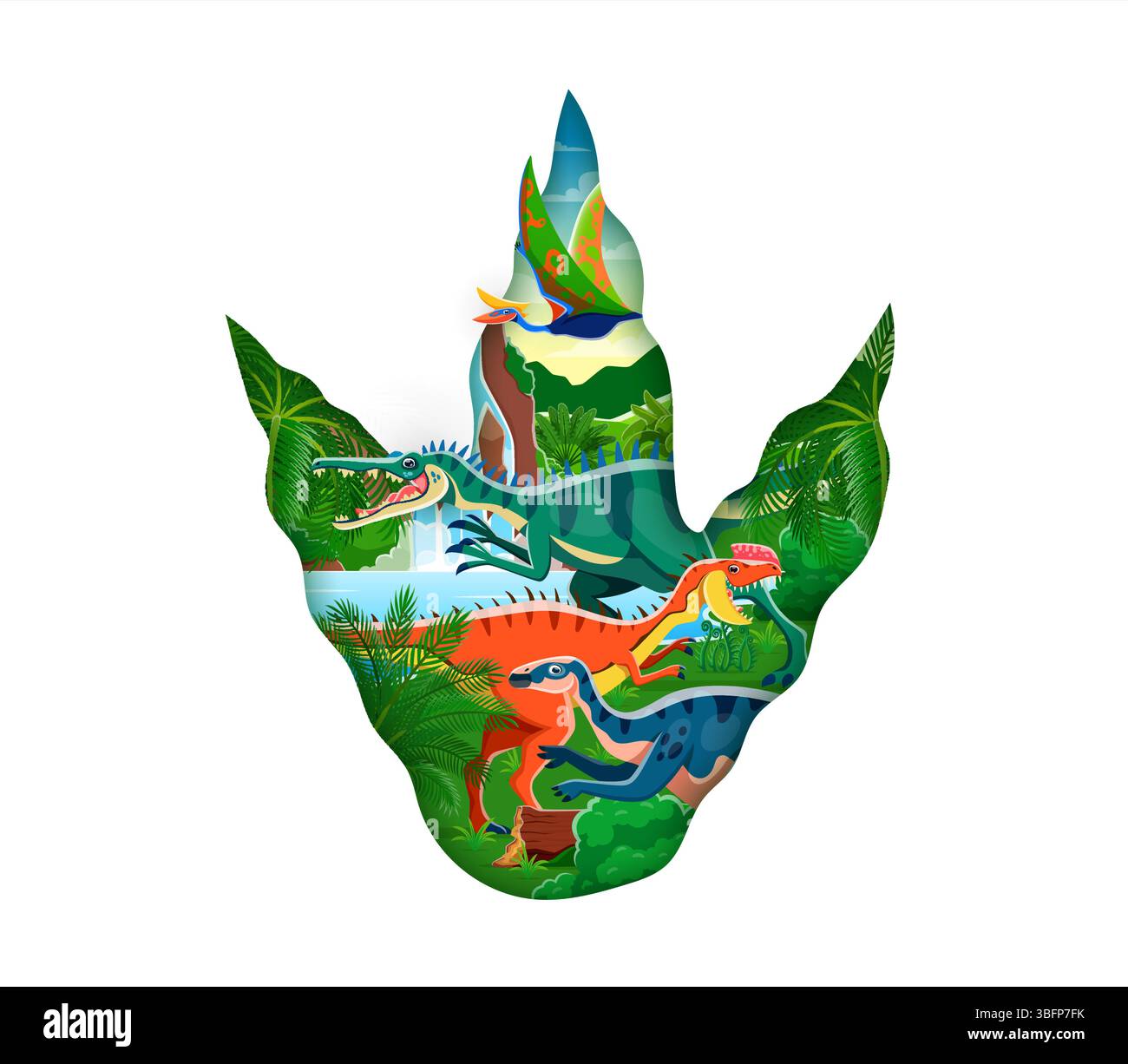 Empreinte de dinosaure coupé en papier avec lézards jurassiques et reptiles préhistoriques, affiche vectorielle. Cadre d'empreinte de dinosaure avec des personnages de dinosaure dans la forêt de jungle pour l'encyclopédie des enfants ou l'atlas de paléontologie Illustration de Vecteur
