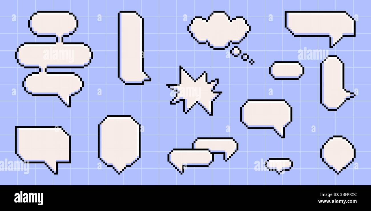 Collection de bulles de discours Pixel art sur la grille bleue - ballons de chat 8 bits dans diverses formes de conception. Boîtes de dialogue de jeu rétro avec contours noirs pour les conversations comiques et les interfaces de messagerie. Illustration de Vecteur