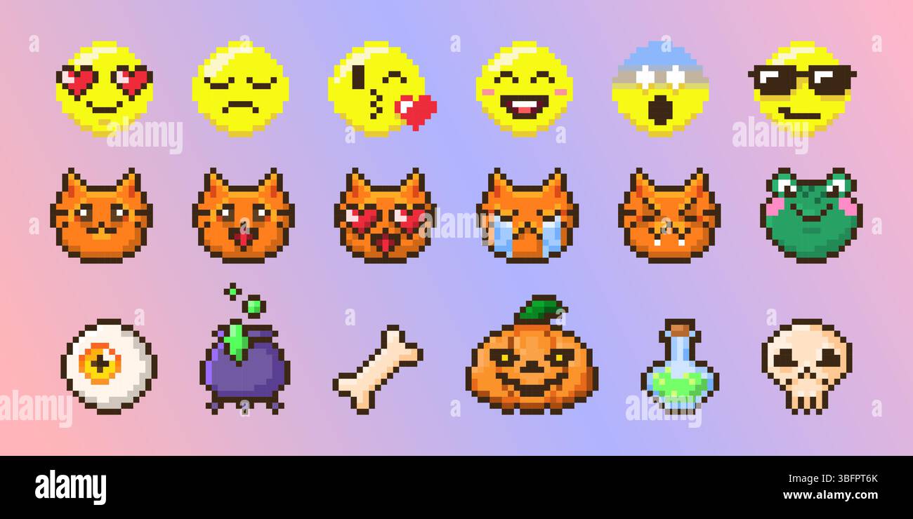Collection de visages d'émoticône Pixel art sur fond dégradé - expressions rétro de style 8 bits avec visage jaune, chat orange, grenouille et objets d'Halloween, y compris le chaudron oculaire et de sorcière, la citrouille et le crâne Illustration de Vecteur