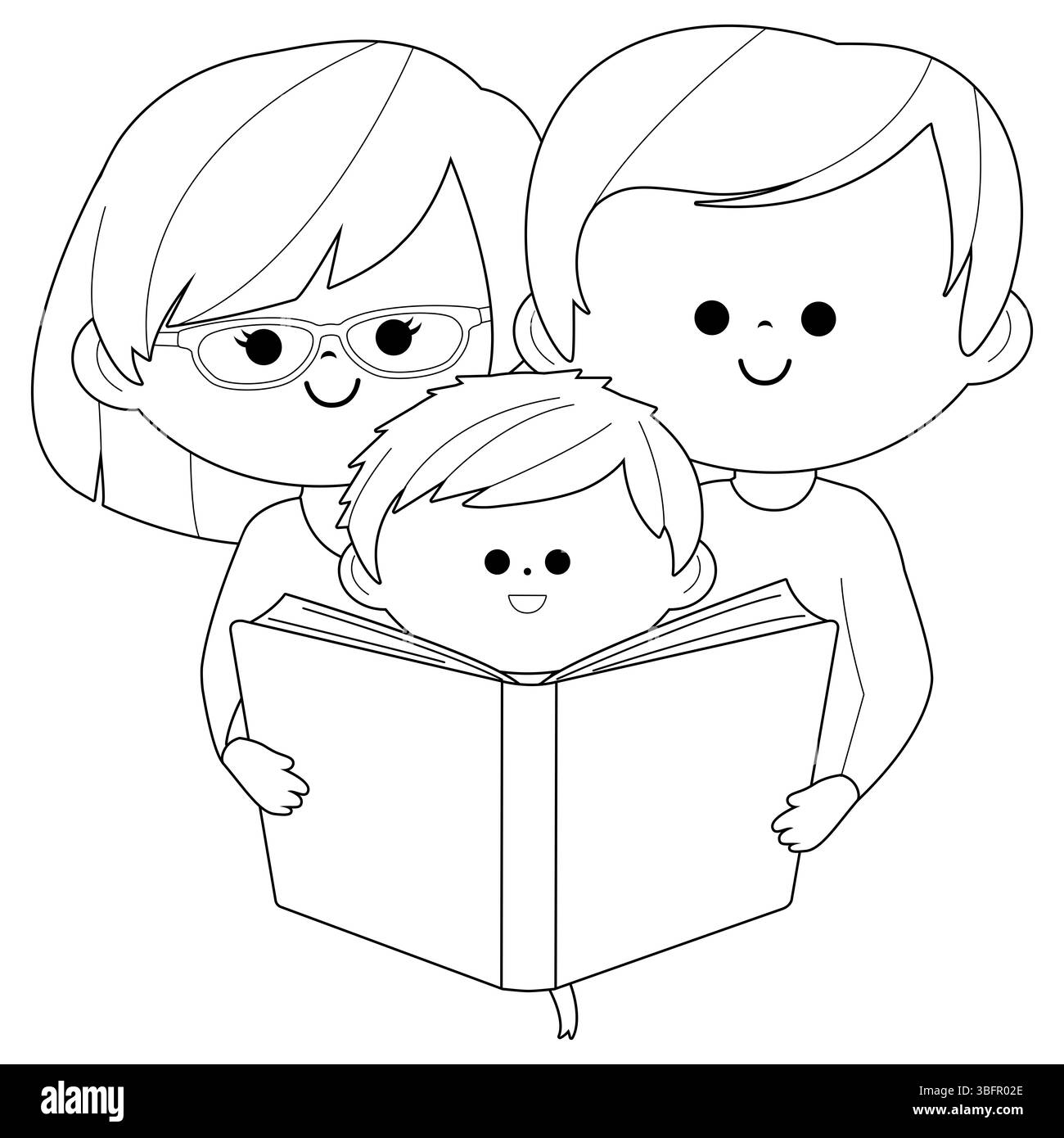 Lecture familiale. Mère père et enfant garçon lisent un livre ensemble. Deux parents et un enfant lisent un livre d'histoires. Coloriage noir et blanc. Banque D'Images