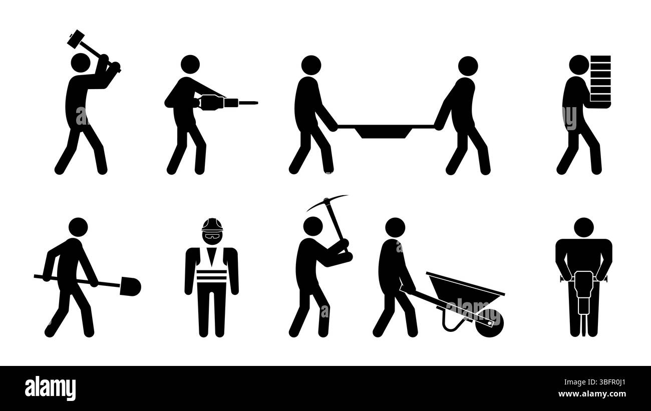 Ensemble de figures de bâton, construction et réparation, illustration vectorielle plate. Illustration de Vecteur