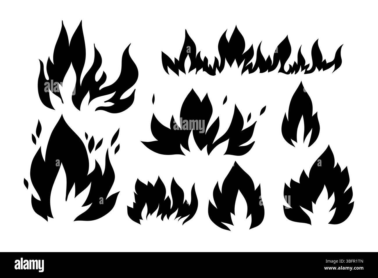 Illustration vectorielle présentant une collection de formes abstraites de flammes noires dans diverses formes dynamiques. Silhouettes de feu audacieuses isolées sur un backgrou blanc Illustration de Vecteur