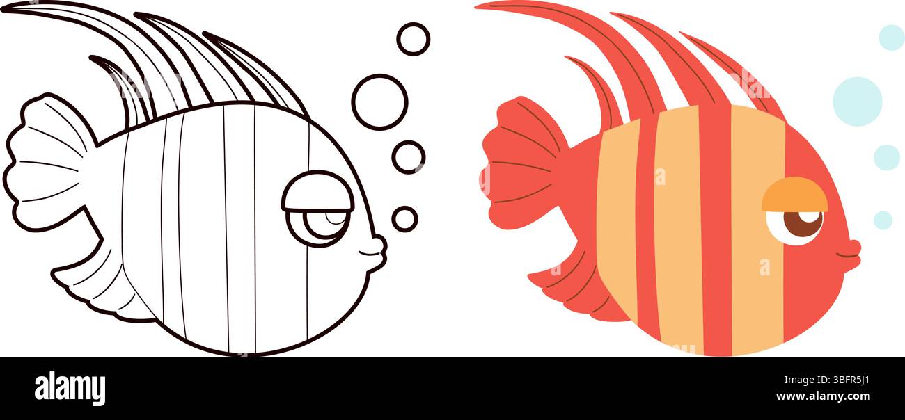Ensemble poisson à rayures tropicales. Dessin isolé de couleur et de contour, livre de coloriage. Illustration vectorielle. Collection enfants Illustration de Vecteur