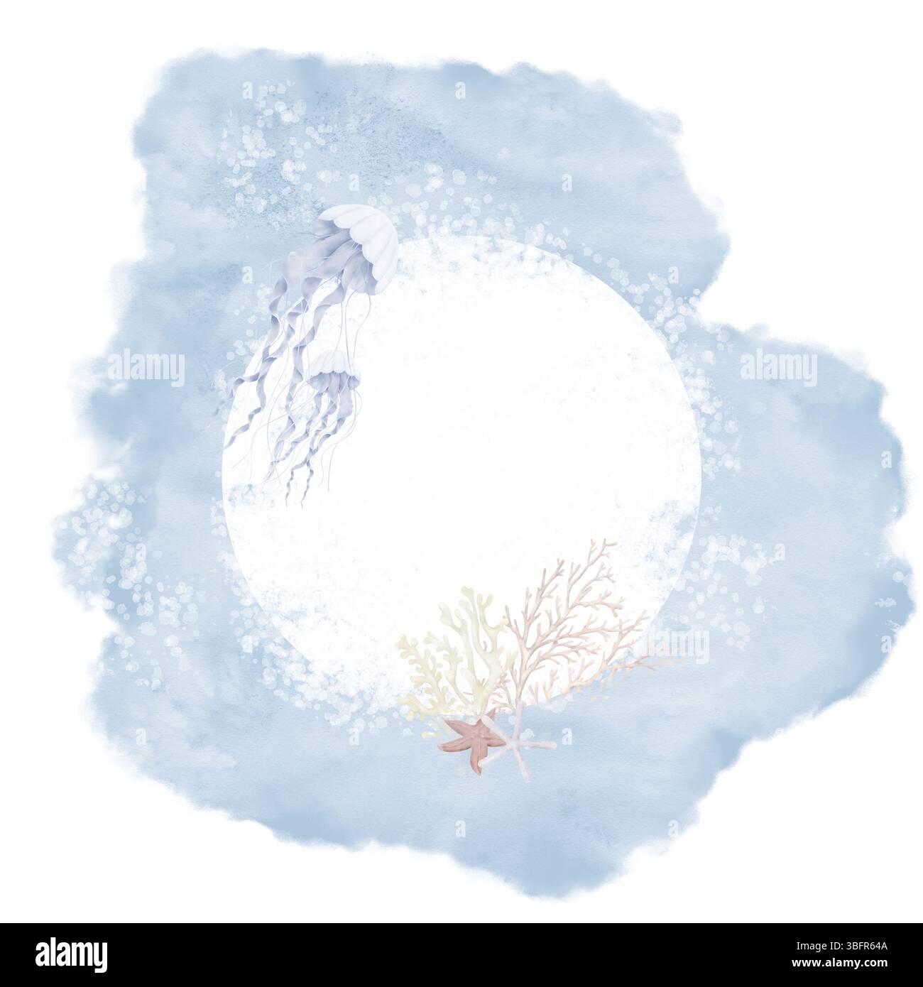 Méduses élégantes avec de longues queues, des brindilles de corail et des vagues de mer. Illustration aquarelle. Carte de voeux de style marin avec des vagues bleues sur un fond blanc Banque D'Images
