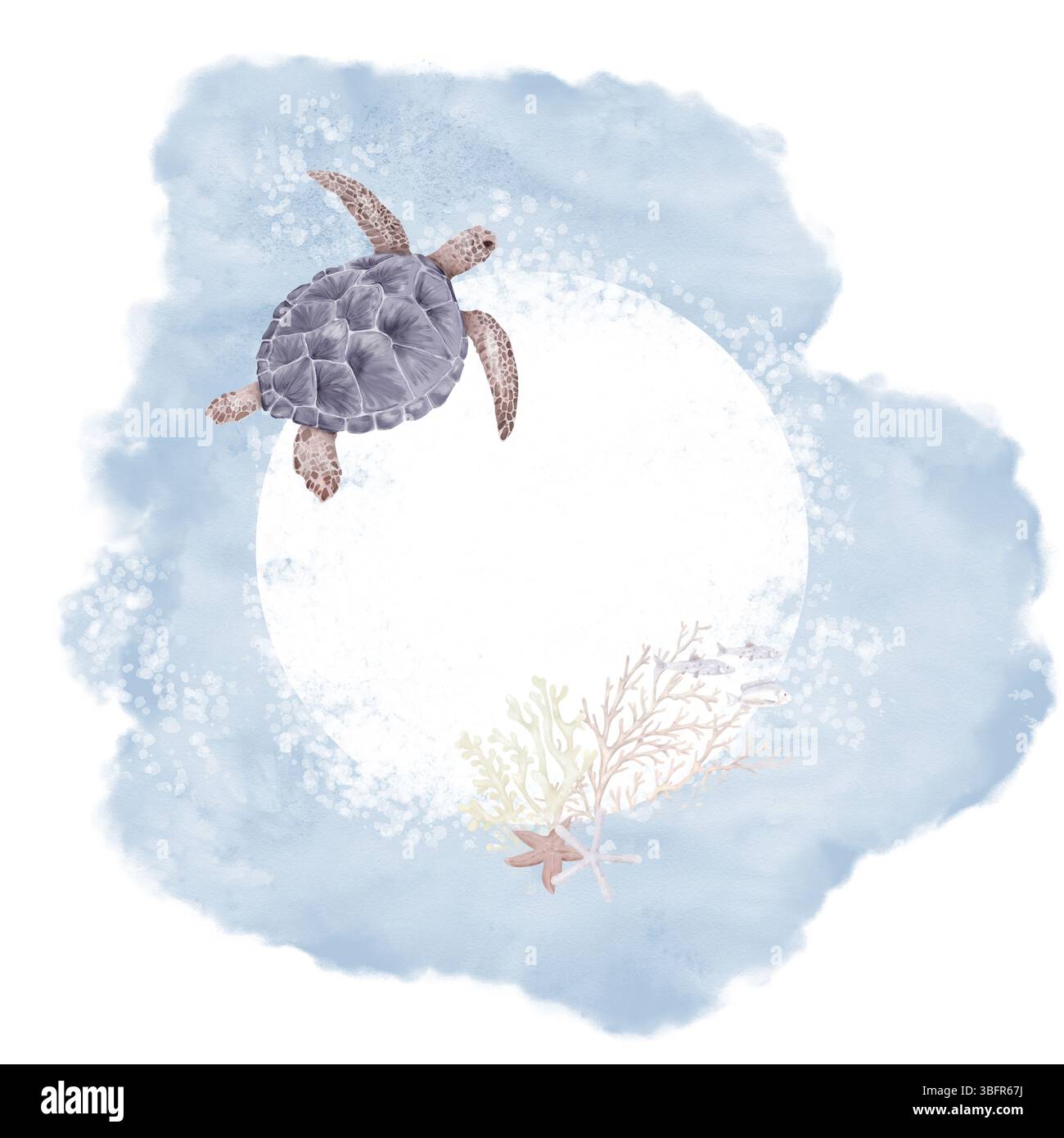 Une tortue d'océan avec de longues pattes, des brindilles de corail et des étoiles de mer. Illustration aquarelle. Une carte postale de style nautique avec des vagues bleues et des bulles d'air, isola Banque D'Images