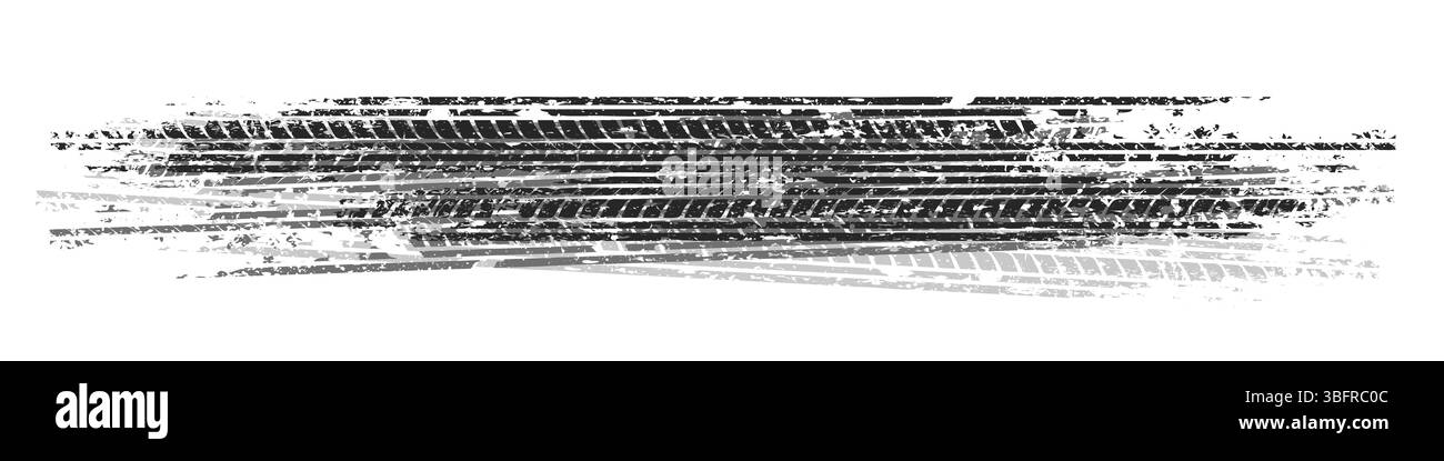 Grunger les traces de pneu avec des éclaboussures de boue et des marques de freinage de roue sales. Silhouettes de sculpture de camion, de voiture ou de moto. Parfait pour le tout-terrain Illustration de Vecteur