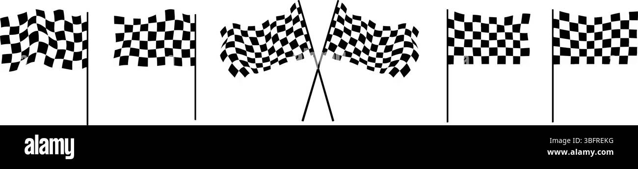 Drapeau de course 3d à la ligne d'arrivée avec voiture, bannière et design de rallye. Le vecteur de vitesse montre la texture d'onde en damier avec des icônes de démarrage et de moteur. Route rétro Illustration de Vecteur