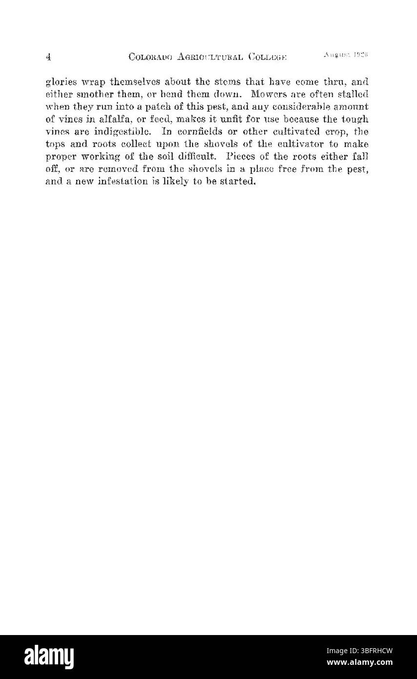 Ce document de 1926 examine le rôle de trois mauvaises herbes vivaces envahissantes au Colorado. Ces mauvaises herbes constituent une menace importante pour l'agriculture et les écosystèmes locaux en limitant la croissance des cultures et des plantes indigènes, tout en affectant la stabilité et la structure du sol. Banque D'Images