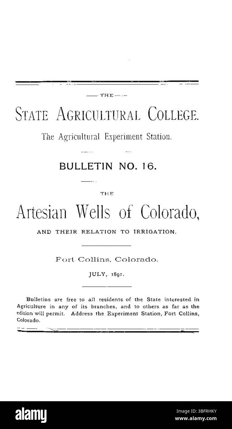 Ce document traite des puits artésiens du Colorado et de leur importance par rapport aux pratiques d'irrigation. Il a été publié en juillet 1891. Banque D'Images