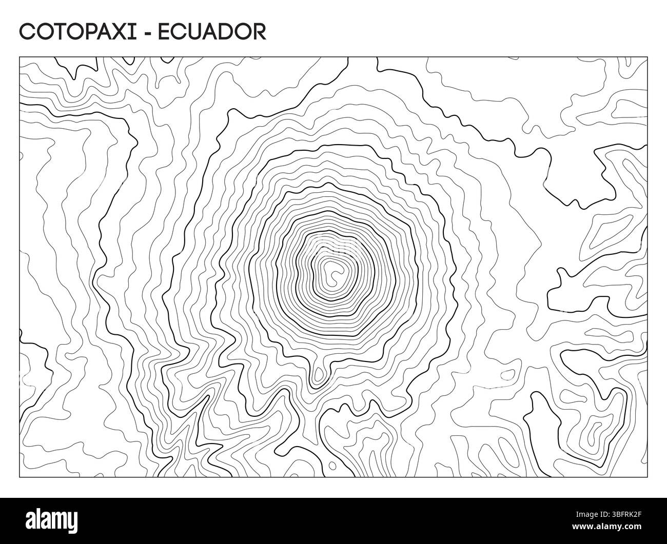 Carte topographique de contour du volcan Cotopaxi en Équateur montrant une structure d’élévation symétrique et le pic du cratère. Terrain vectoriel de lignes de contour Illustration de Vecteur