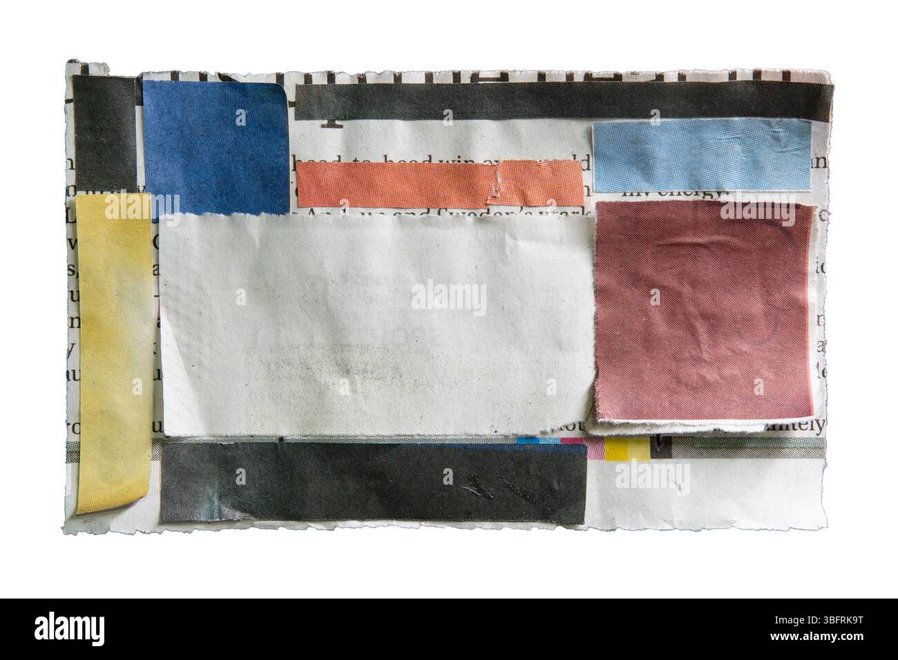 Boîte de texte d'art de collage rectangulaire abstrait d'un vieux journal créé avec la technique de couper et coller isolé sur fond blanc avec chemin de détourage Banque D'Images