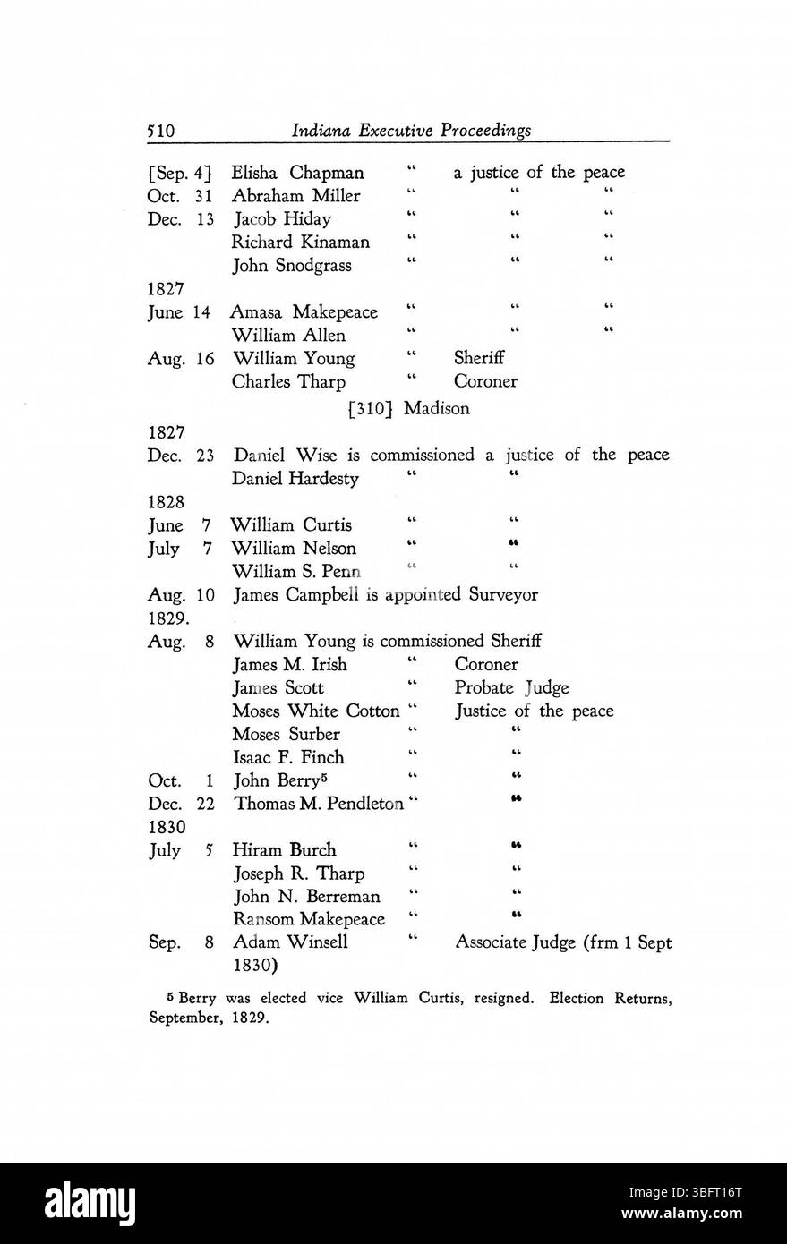 La page 522 documente les commissions d’État et les décisions politiques prises au début de l’administration exécutive de l’Indiana. Banque D'Images