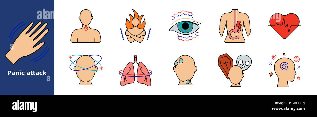 Icône de jeu d'attaque de panique. Secouer la main, tension de la gorge, corps brûlant, troubles visuels, crampes digestives, battement cardiaque rapide, rotation, étourdissements, str. poumon Illustration de Vecteur