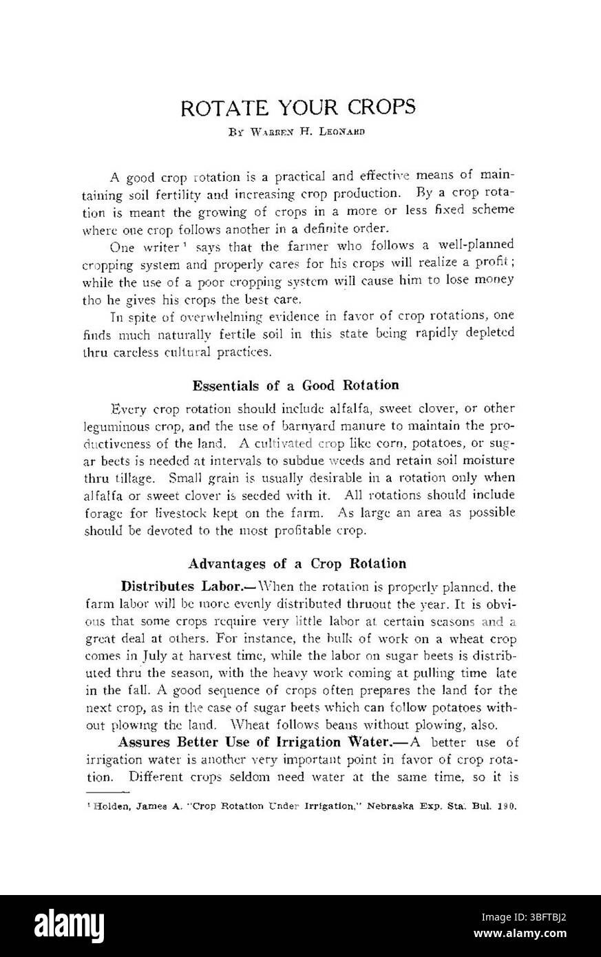 Page 3 de la publication de 1926 sur la rotation des cultures, discutant de l'importance de la rotation des cultures pour la santé des sols et la durabilité de l'agriculture. La pratique aide à prévenir l'épuisement des sols et augmente les rendements des cultures. Banque D'Images