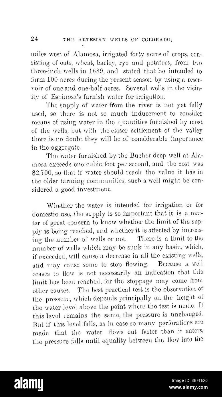 Ce rapport de 1891 examine le lien entre les puits artésiens et l'irrigation au Colorado. Il décrit comment les puits artésiens soutiennent les pratiques agricoles en fournissant une source d'eau durable pour les besoins d'irrigation. Banque D'Images