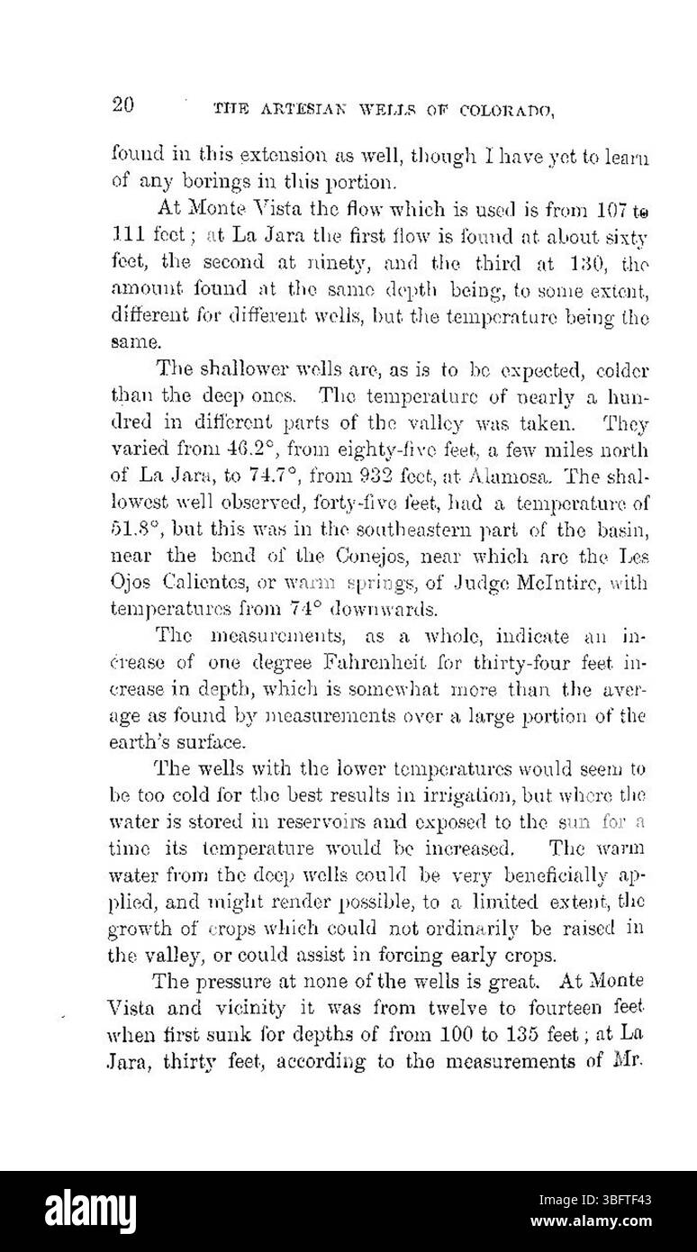 Le rapport de 1891 détaille l'utilisation de puits artésiens au Colorado pour l'irrigation. Il explique comment ces puits constituent une source d’eau essentielle pour l’agriculture, contribuant ainsi à soutenir les activités agricoles dans la région. Banque D'Images