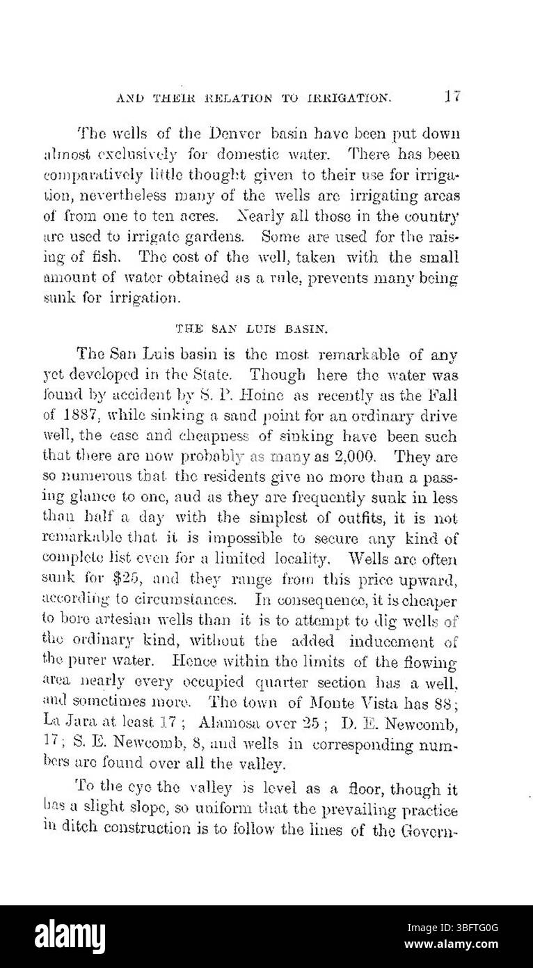 Ce rapport de 1891 décrit la relation entre les puits artésiens et l'irrigation au Colorado. Il explique comment les puits artésiens répondent aux besoins d'irrigation, contribuant de manière significative à l'approvisionnement en eau du secteur agricole. Banque D'Images