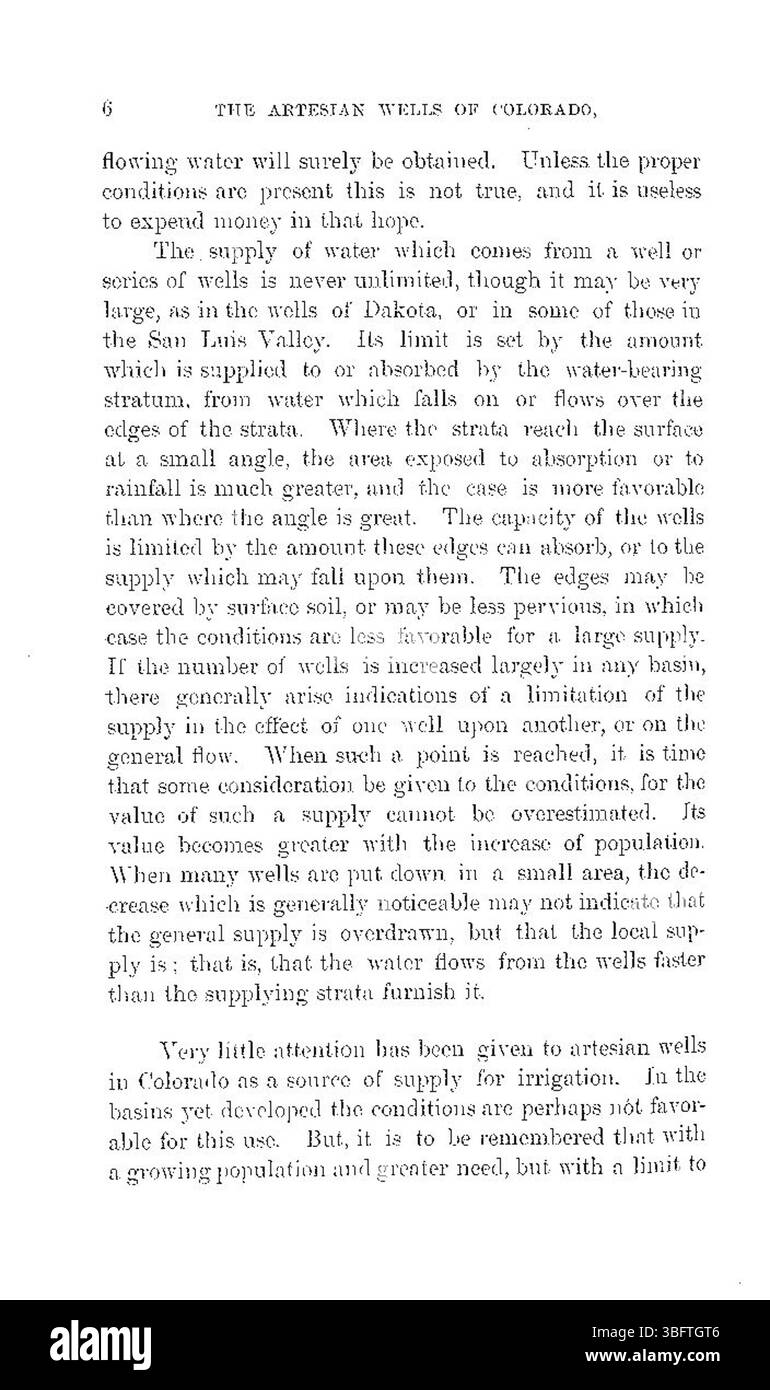 La page 6 du rapport examine l'impact des puits artésiens sur l'économie du Colorado, en particulier en soutenant l'agriculture par une irrigation efficace. Le document explique la technologie derrière le forage de puits et sa contribution au maintien de la production agricole pendant les années sèches. Banque D'Images