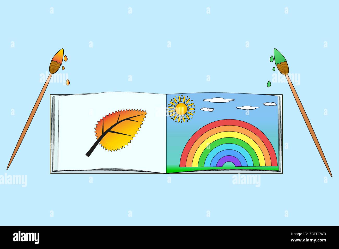 Livre de coloriage ouvert avec feuille d'automne, soleil, nuages et arc-en-ciel. Retour à l'école fournitures d'art et pinceaux sur fond bleu. Pour le concept de papeterie, Illustration de Vecteur