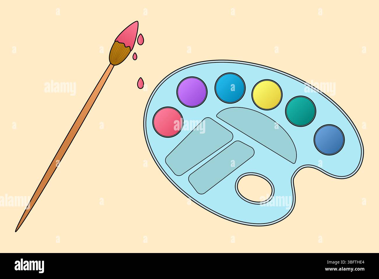 Pinceau avec peinture qui coule et palette d'artiste avec des couleurs vibrantes sur fond beige. Pour la papeterie de retour à l'école, concept de fournitures d'art scolaire, Illustration de Vecteur