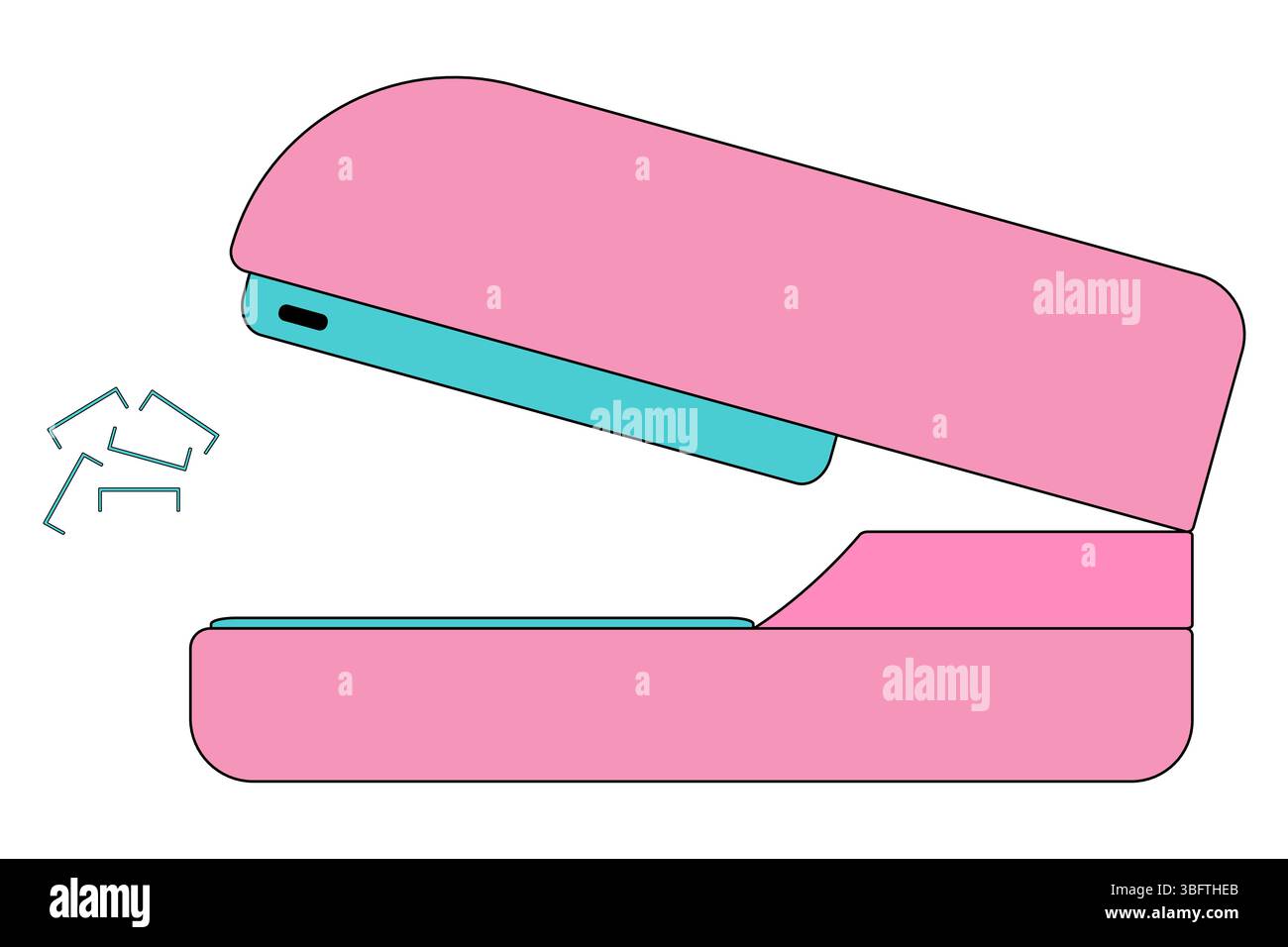 Agrafeuse rose et turquoise avec des agrafes dispersées sur fond blanc. Papeterie scolaire ou de bureau de style dessin animé. Pour le concept de retour à l'école, Educatio Illustration de Vecteur