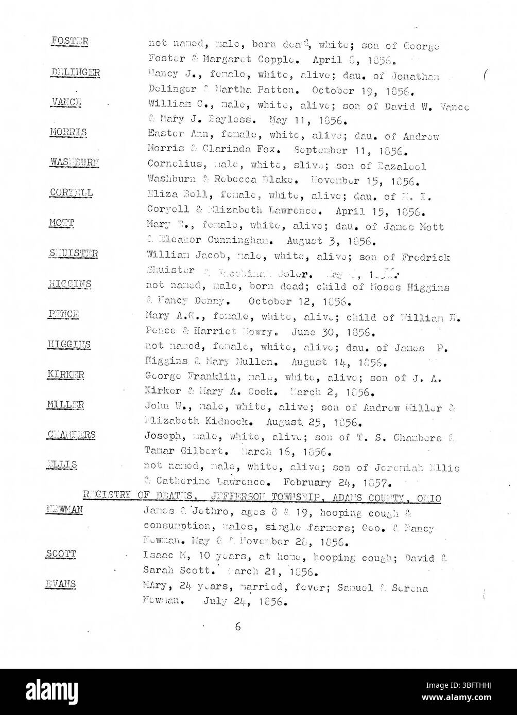 Cette section du comté d'Adams, Ohio, les registres de l'état civil de 1857 documentent les naissances et les décès dans les cantons de Scott, Liberty, Jefferson et Franklin pour l'année se terminant le 31 mars 1857. Banque D'Images