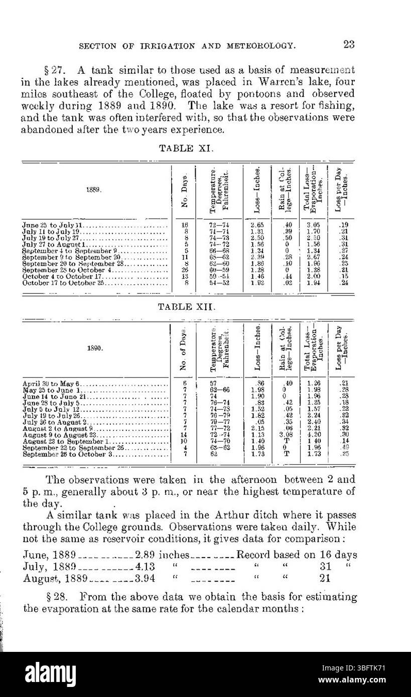 La page 23 de « perte d'eau des réservoirs par infiltration et évaporation » (1898) développe les causes de la perte d'eau dans les réservoirs en raison de l'infiltration et de l'évaporation. Le rapport fournit de plus amples informations sur les défis environnementaux et techniques de l'époque. Banque D'Images