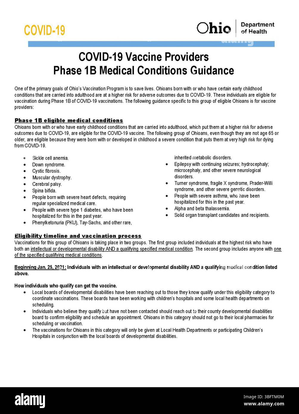 Mis à jour le 18 février 2021, ce document fournit des directives aux fournisseurs de vaccins contre la COVID-19 concernant les conditions médicales de phase 1B. Il comprend des instructions sur la hiérarchisation des individus ayant des conditions médicales spécifiques pour la vaccination. Banque D'Images