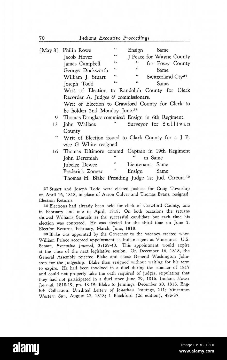 Cette page met en évidence les décisions de l'exécutif dans l'Indiana entre 1816 et 1836, en se concentrant sur les moments clés dans le développement de la loi et de la politique de l'État au cours des années de formation de l'Indiana. Banque D'Images