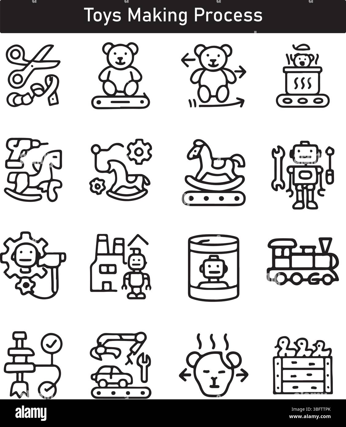 Jeu d'icônes du processus de fabrication des jouets Illustration de Vecteur