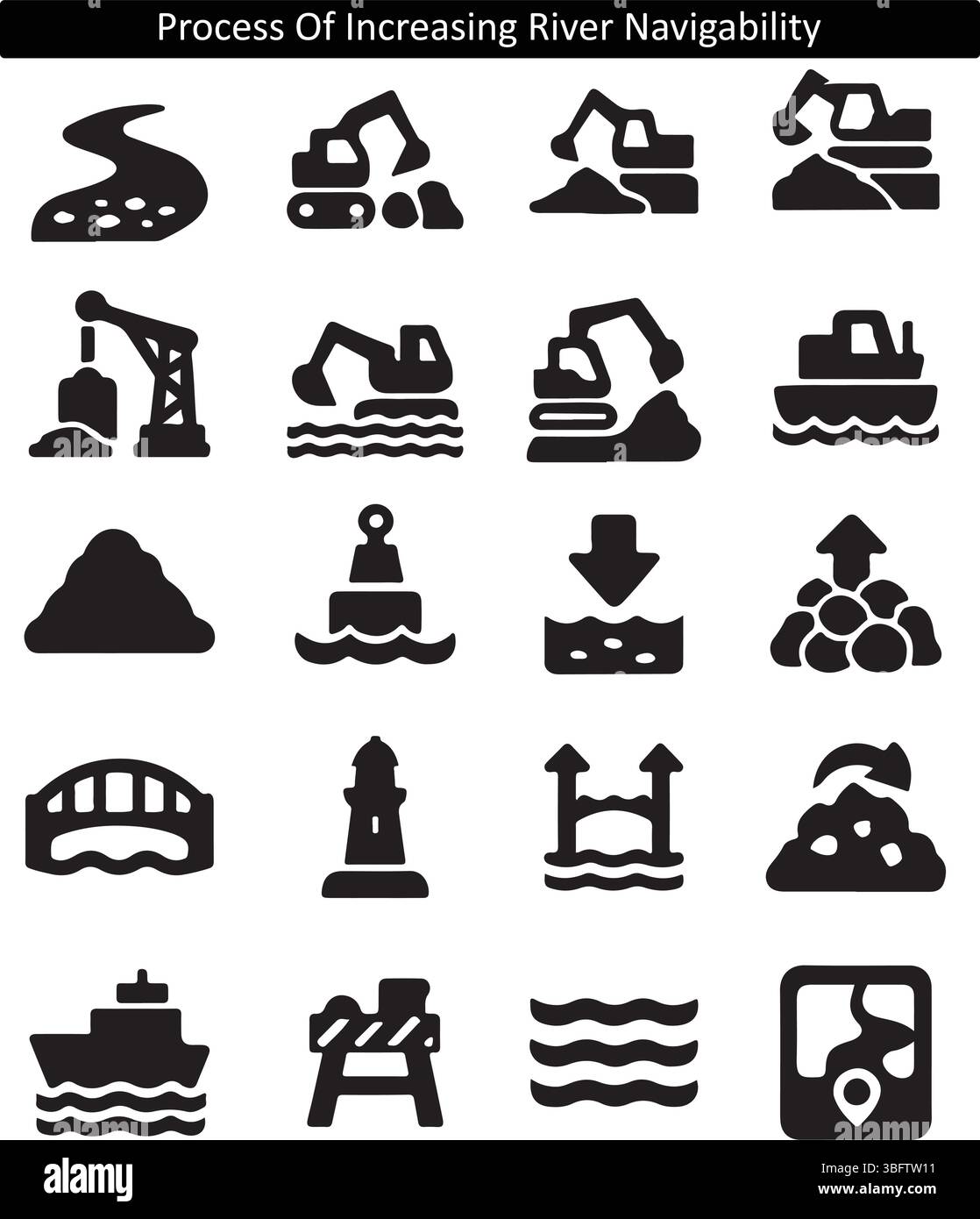 Icônes de dragage de rivière : processus d'amélioration de la navigabilité de la rivière Illustration de Vecteur
